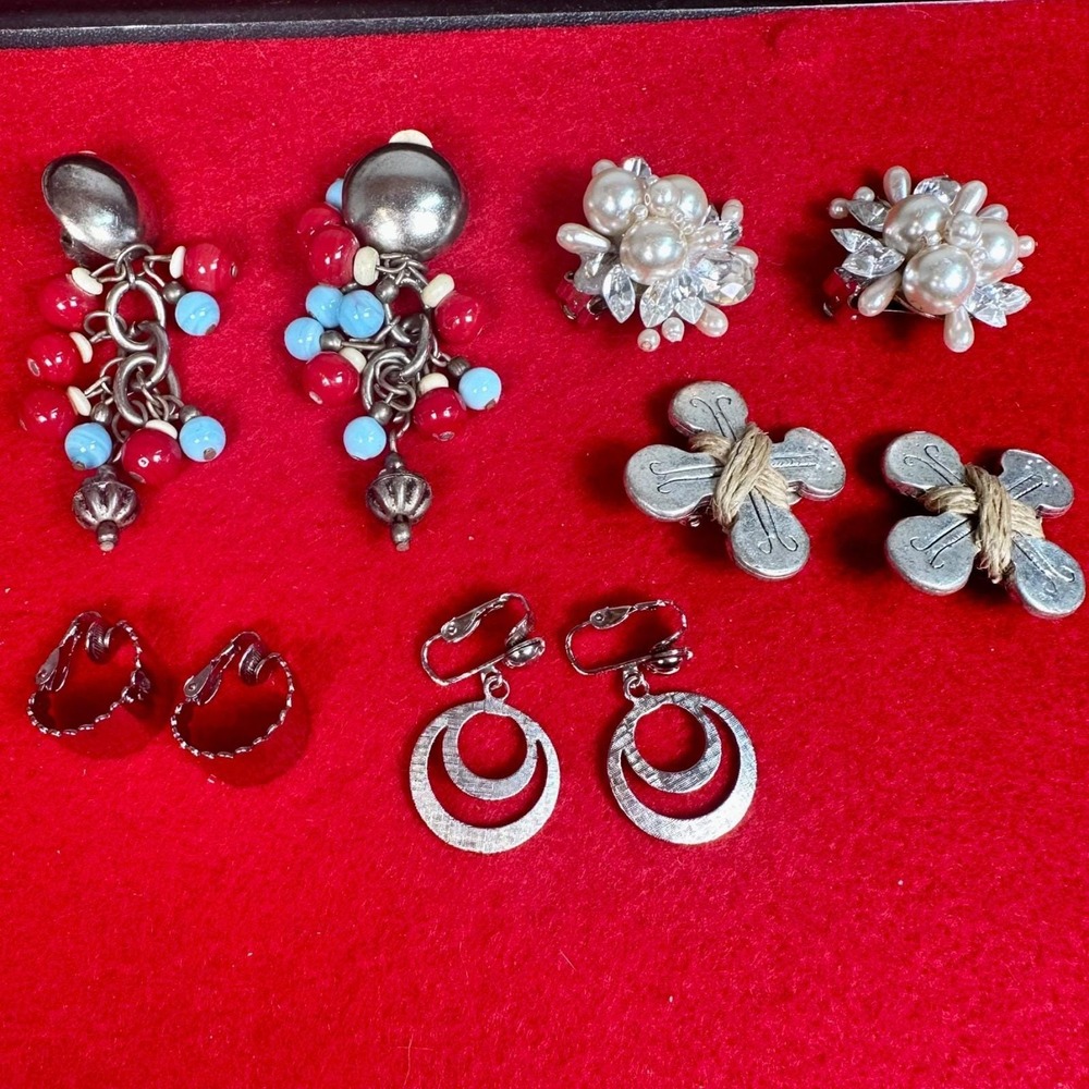 Vintage Clip On Earrings Lot 5 Pairs Faux Pearl Rhinestone Beaded Boho Retro